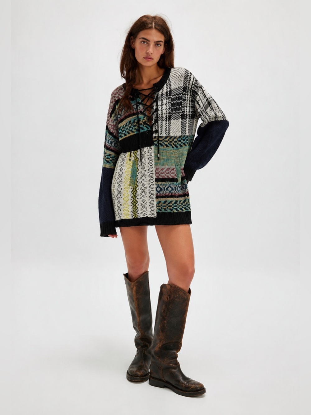 Free People 1980s Mixed Media Patchwork Lace-Up Pullover Sweater
